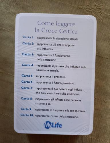 Retro del mazzo , con veduta di una carta che spiega come leggere la croce celtica.